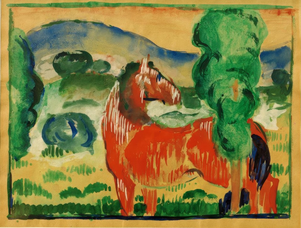Czerwony koń w kolorowym krajobrazie autorstwa Franz Marc