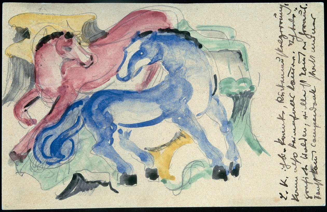 „Czerwony i niebieski koń”, Franz Marc z Sindelsdorf do Wassily Kandinsky w Monachium: pocztówka, data stempla pocztowego 5 kwietnia 1913 autorstwa Franz Marc
