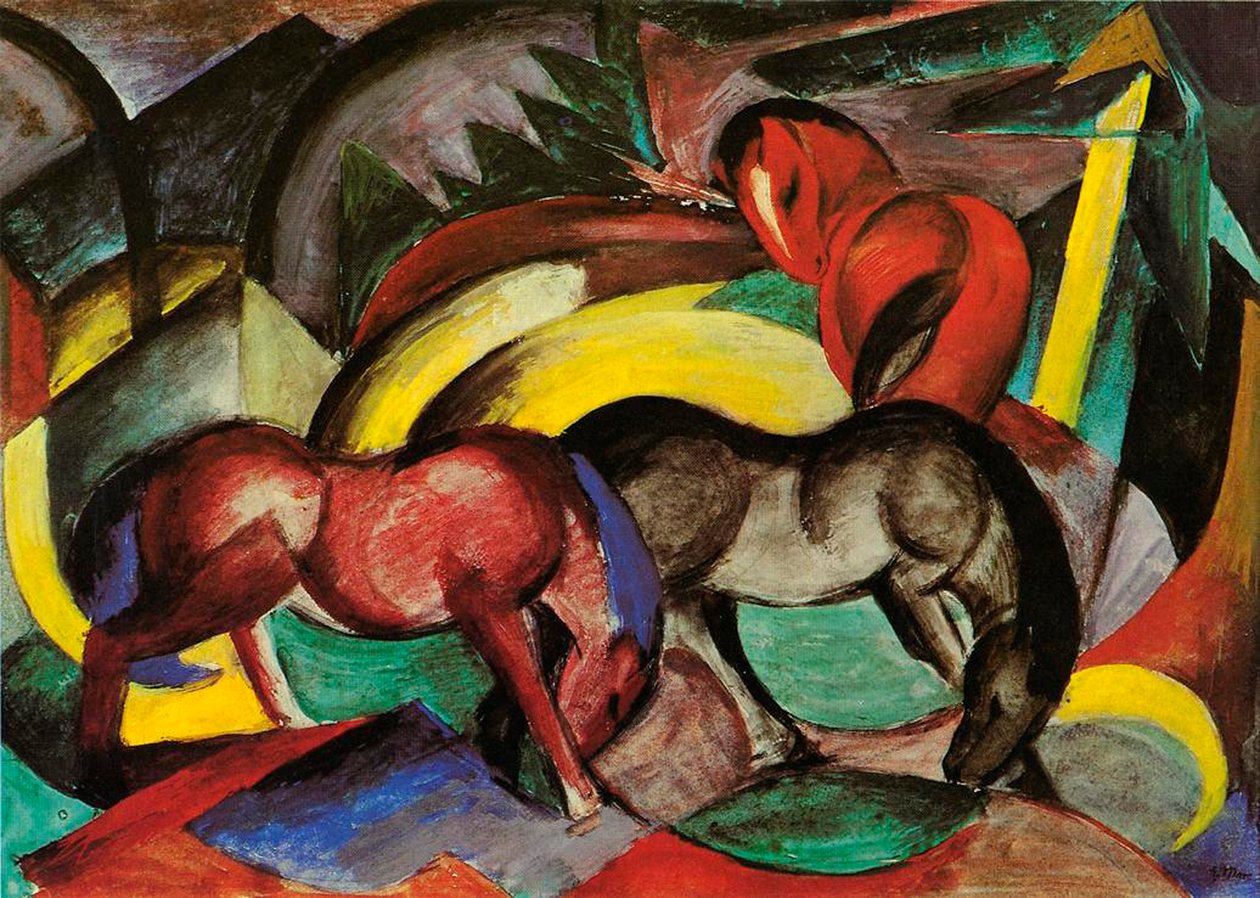 Trzy konie, 1912 (media mieszane na papierze) autorstwa Franz Marc