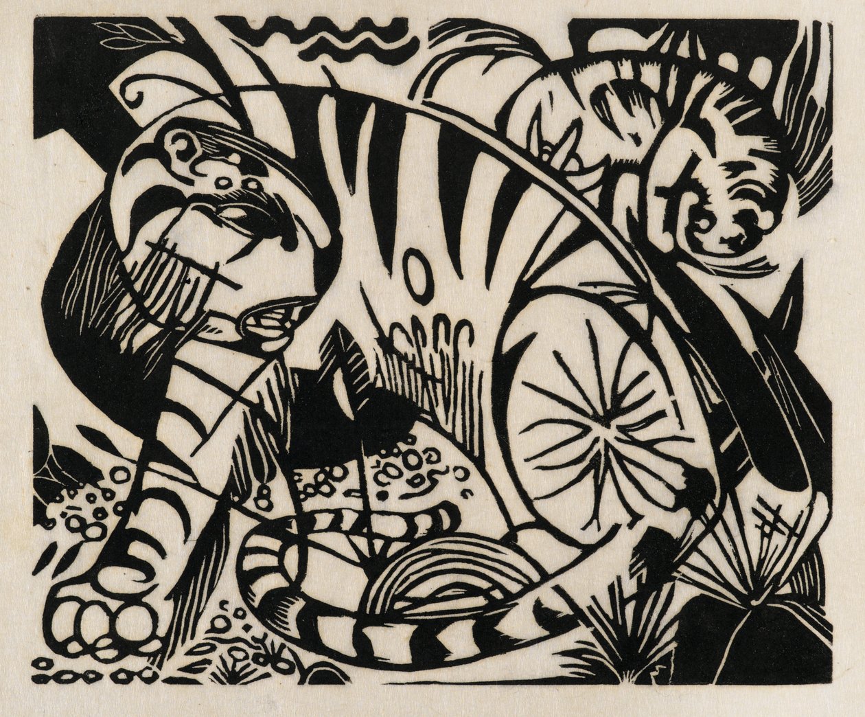 Tygrys, 1912 (drzeworyt na papierze japońskim) autorstwa Franz Marc