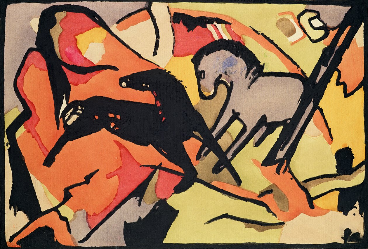 Dwa konie, 191112 (atrament indyjski i toaleta na papierze) autorstwa Franz Marc