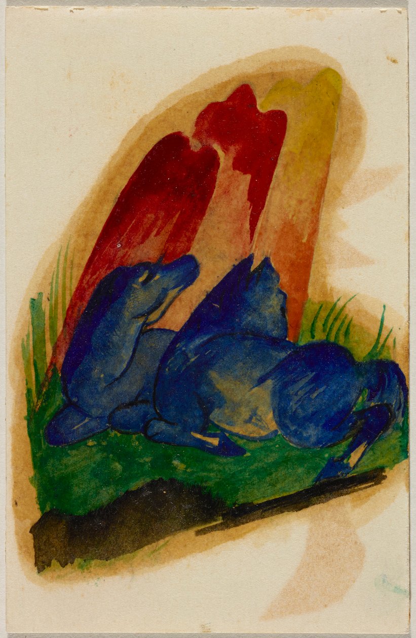 Zwei blaue Pferde vor rotem Felsen, Postkarte aus Sindelsdorf an Wassily Kandinsky in München autorstwa Franz Marc