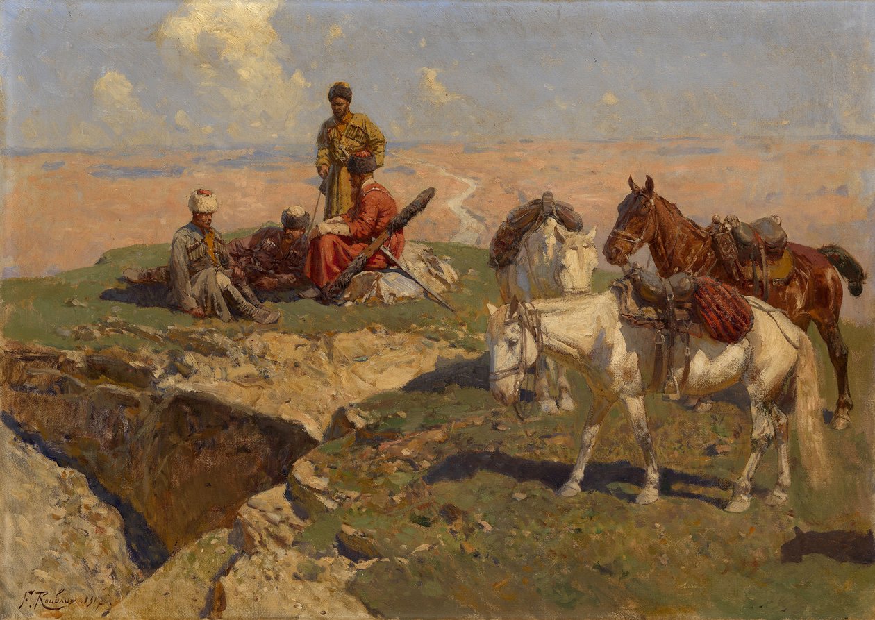 Kaukascy jeźdźcy w spoczynku, 1917 autorstwa Franz Roubaud