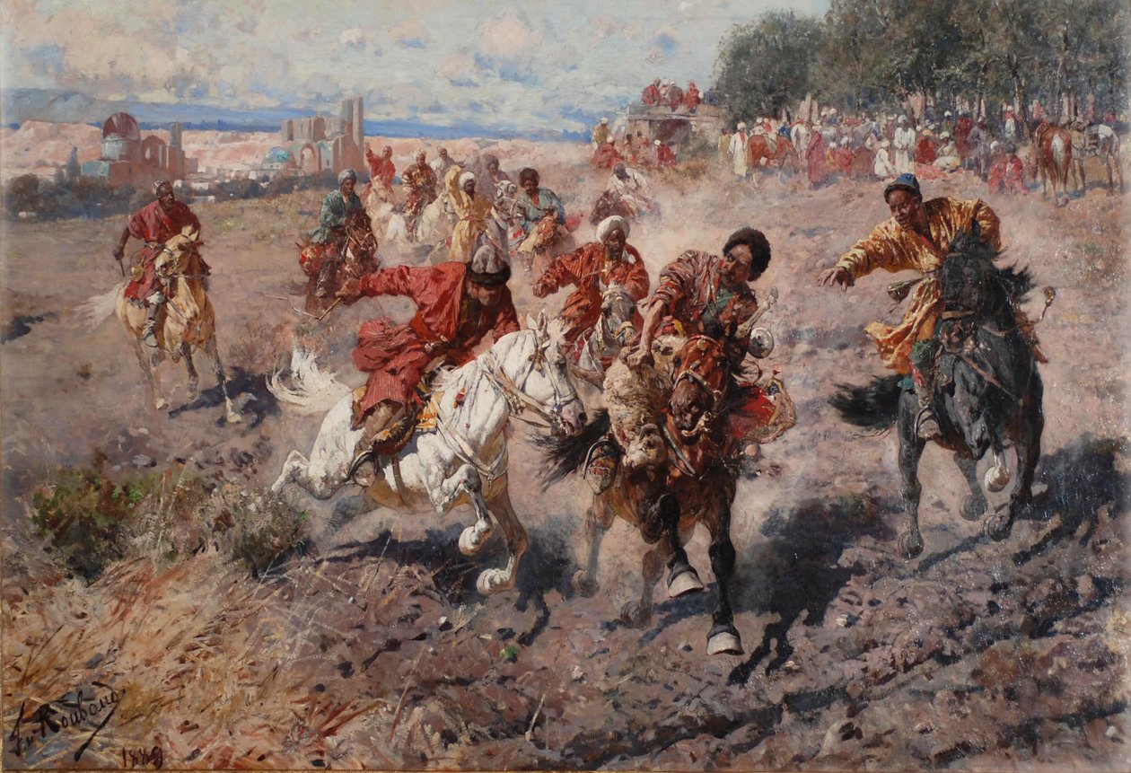 Cherkess Świętowanie końca Muharram sportem jeździeckim Dash for the Prize Lamb, 1889 autorstwa Franz Roubaud