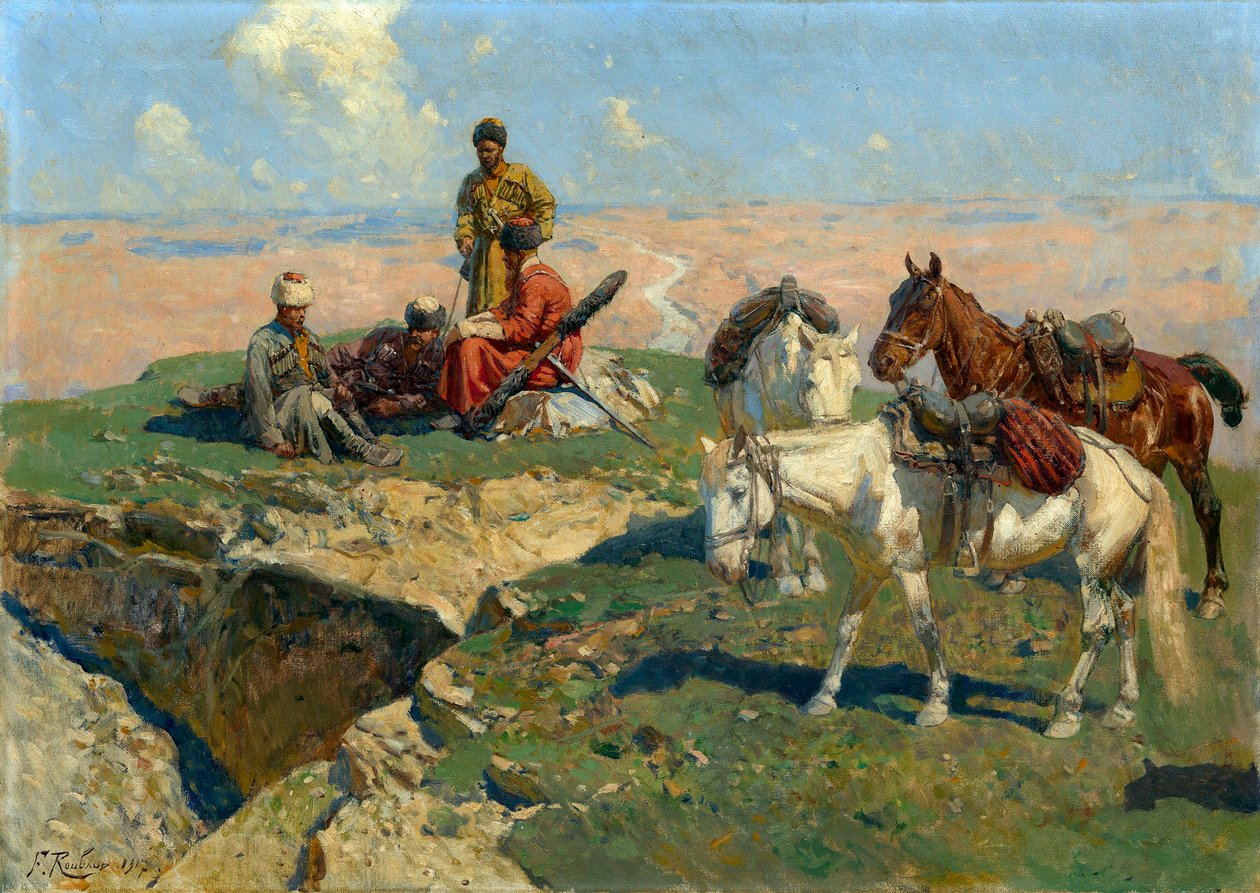 Zatrzymanie kaukaskich wojowników - Obraz Franza Roubauda (1856-1928) autorstwa Franz Roubaud