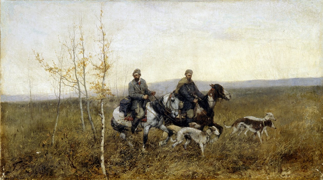 Łowcy. Obraz Franza Roubauda (1856-1928), olej na płótnie autorstwa Franz Roubaud