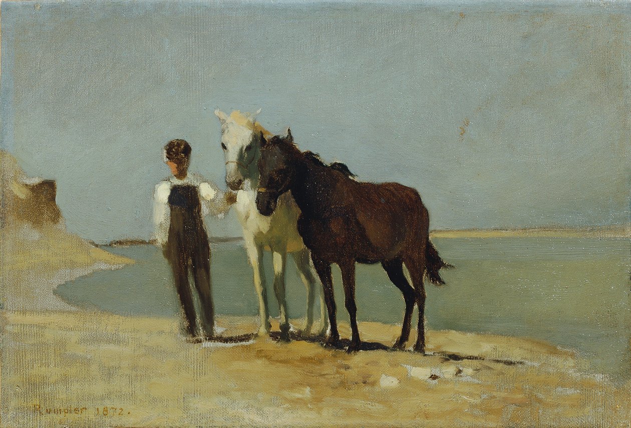 Chłopiec z końmi na plaży autorstwa Franz Rumpler