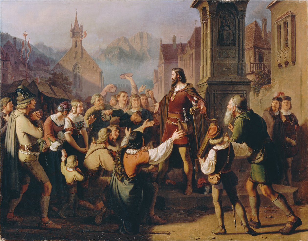 Książę Fryderyk IV w przebraniu minstrela objawia się swoim wiernym Tyrolczykom..., 1851. autorstwa Franz Schams