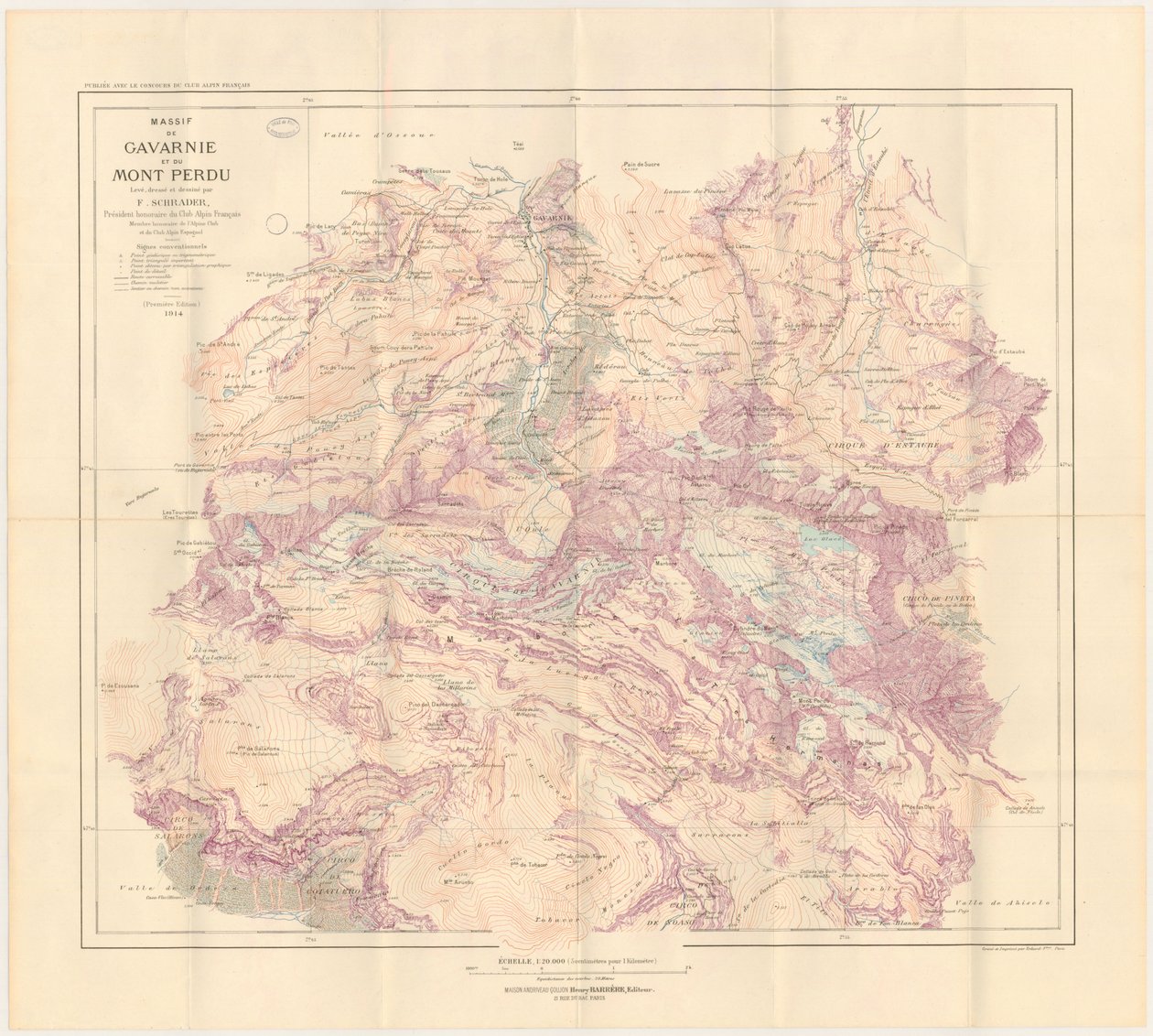 Mapa masywu Gavarnie i Mont Perdu zredagowana w 1914 r. autorstwa Franz Schrader