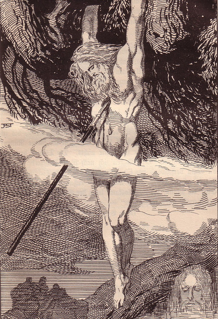 Odyn wiszący na Drzewie Świata. Ilustracja do Eddy: Germańscy bogowie i bohaterowie Hansa von Wo autorstwa Franz Stassen