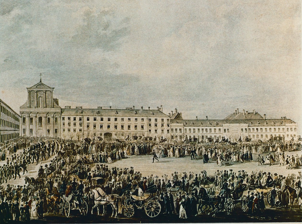 Kondukt pogrzebowy Ludwiga van Beethovena w 1827 roku z Schwarzspanierhaus do kościoła Świętej Trójcy na Alsergasse w Wiedniu (akwarela) autorstwa Franz Stober