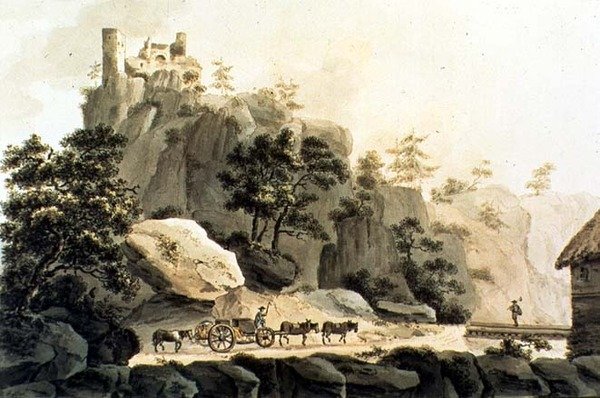 Widok na drogę Ribeauville i Wielki Zamek Ribeauville (rycina kolorowa) autorstwa Franz Walter