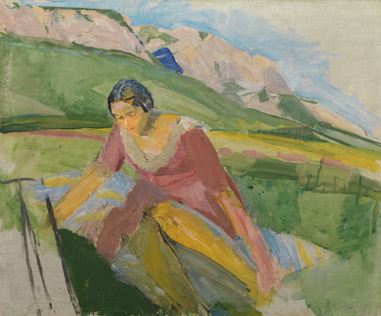 Młoda kobieta w krajobrazie (Karyntia), ok. 1930-38 (olej na płótnie) autorstwa Franz Wiegele