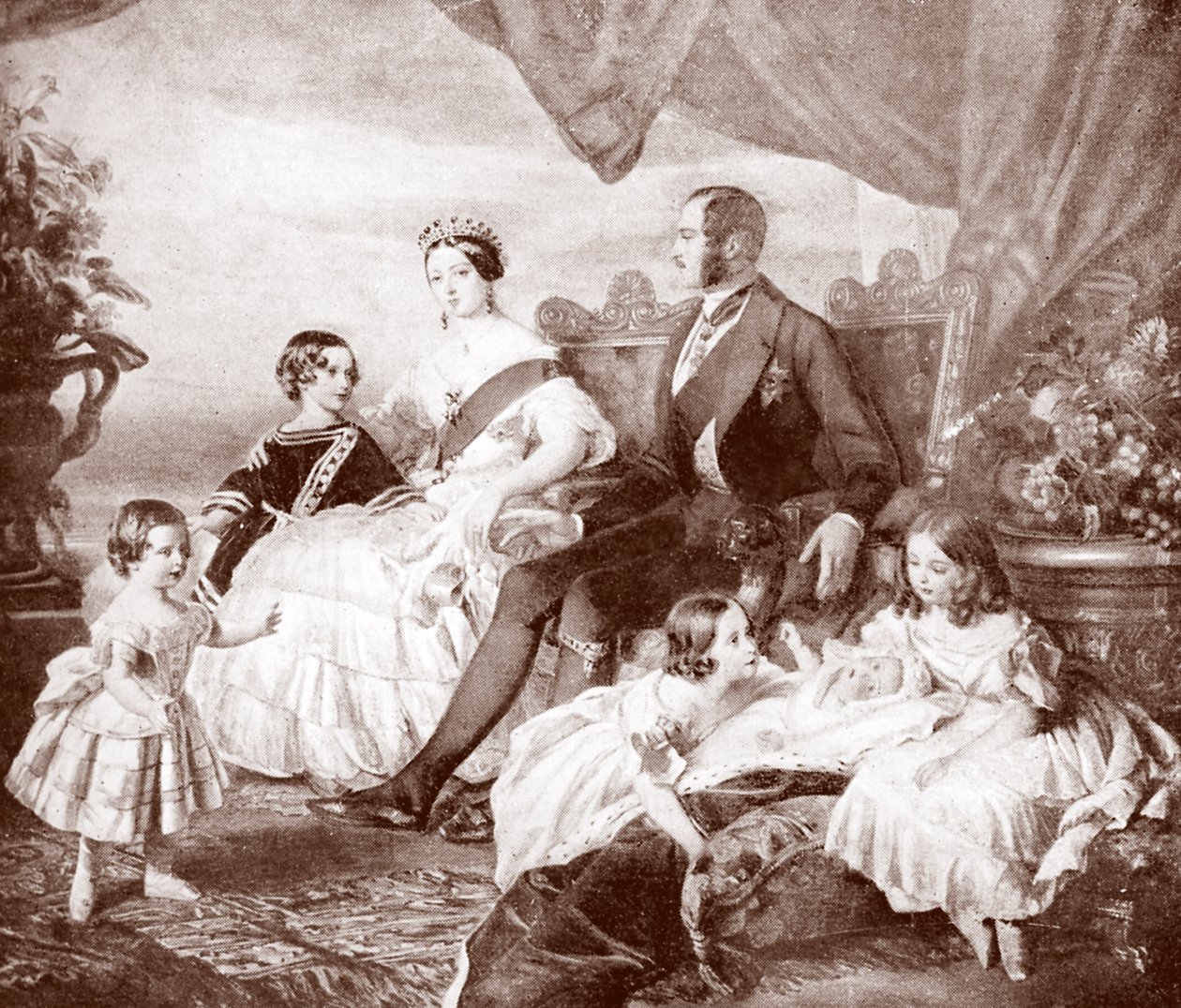 Królowa Wiktoria z księciem Albertem i ich dziećmi, z "Edward VII, His Life and Times" (druk) autorstwa Franz Xaver  Winterhalter (after)