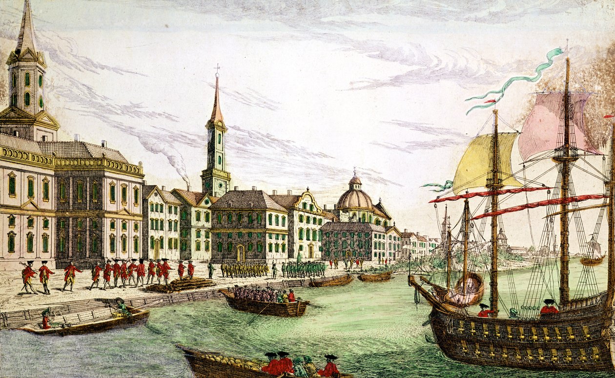 Wyokrętowanie oddziałów angielskich w Nowym Jorku, 29 czerwca 1776 (kolorowe grawerowanie) autorstwa Franz Xaver Habermann