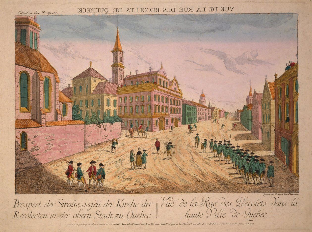 Vue de la Rue des Récollets de Quebec, opublikowany ok. 1770 (ręcznie kolorowane grawerowanie) autorstwa Franz Xaver Habermann