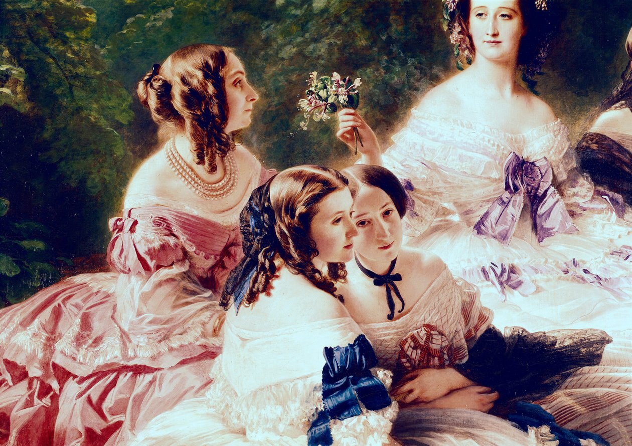 Cesarzowa Eugenia (1826-1920) i jej damy w oczekiwaniu, szczegóły dotyczące księżniczki Essling, baronowej Pierres i wicehrabiny Lezay-Marnesia, 1855 r. autorstwa Franz Xaver Winterhalter