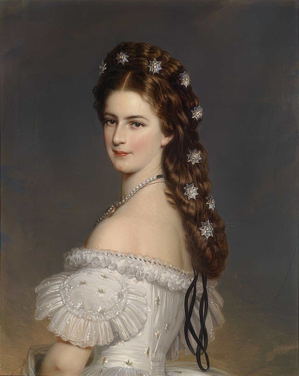 Cesarzowa Elżbieta z diamentowymi gwiazdami we włosach. Około 1860 autorstwa Franz Xaver Winterhalter