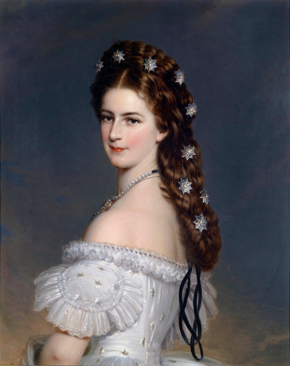 „Portret Elżbiety z Wittelsbach (1837-1898) (sissi lub sisi), cesarzowej Austrii (1854-1898) i królowej Węgier (1867-1898)” Obraz Franza Xaviera Winterhaltera (1805-1873) ok. 1860 r. Prywatne kolekcja autorstwa Franz Xaver Winterhalter