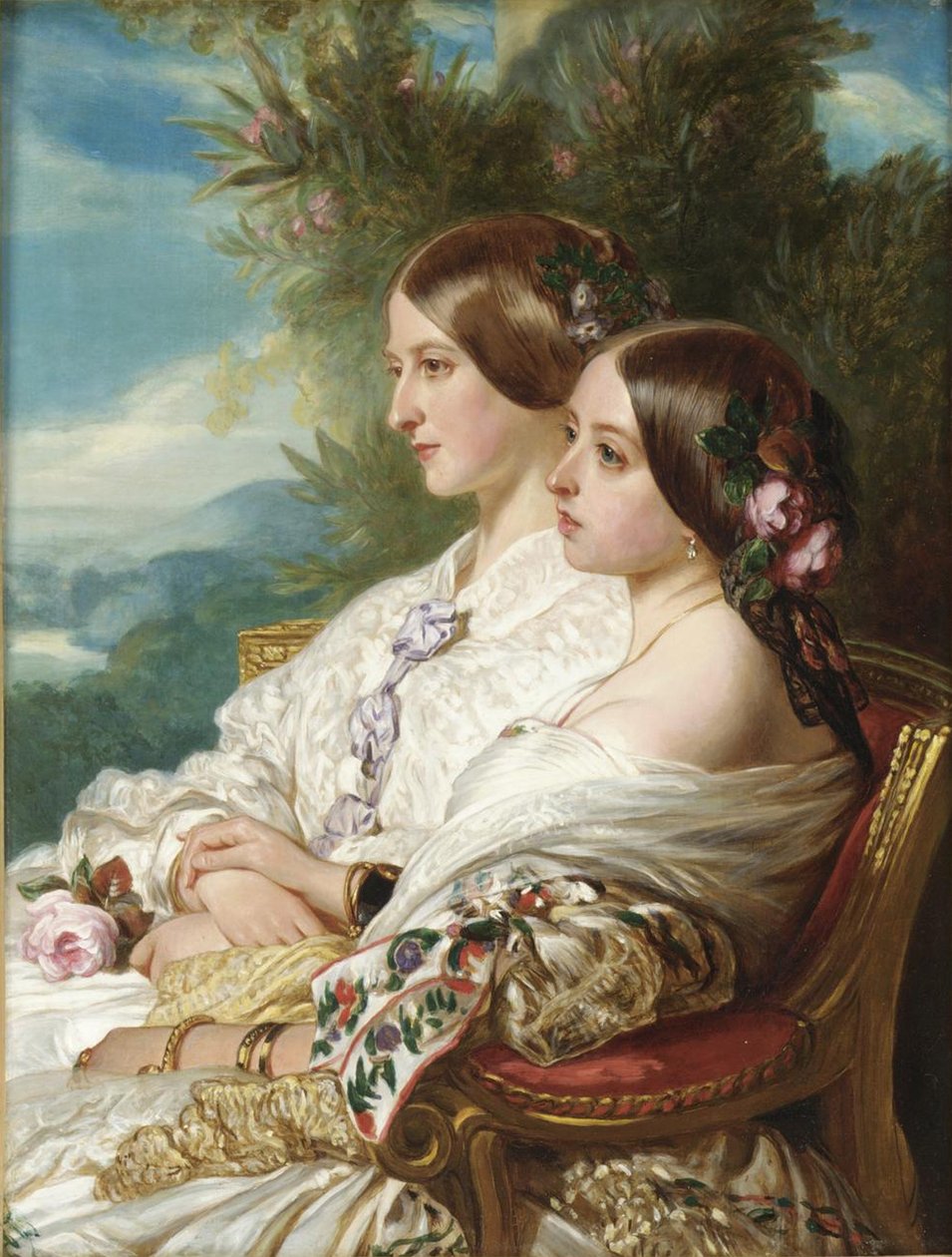 Królowa Wiktoria i jej kuzynka, księżna Nemours, 1852 autorstwa Franz Xaver Winterhalter