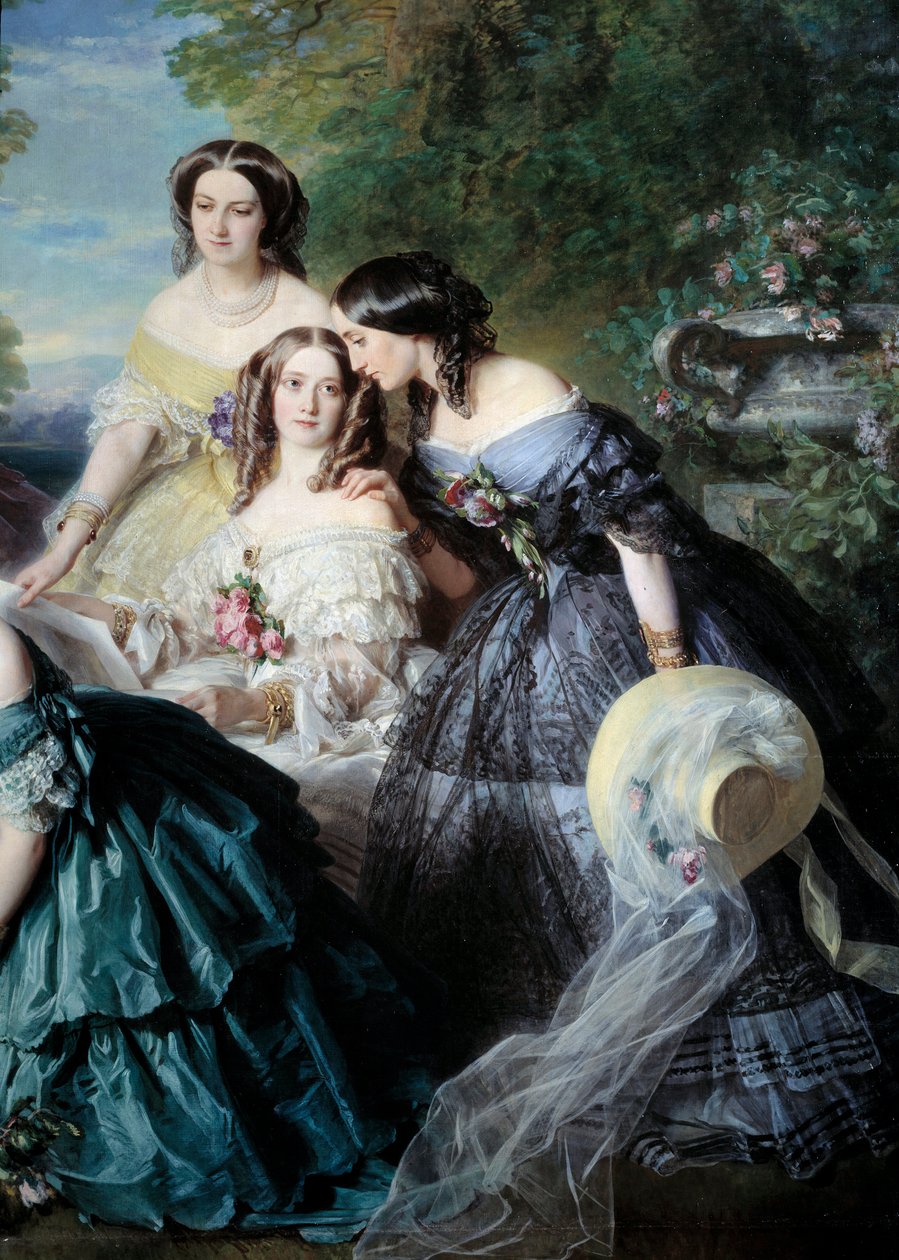 Impress Eugenie (1826-1920) w 1855 r. otoczył damy honoru Pałacu Detalów, reprezentujące baronową Malaret, z domu Nathalie de Segur (żółty), markizę de las Marismas (biały) i markizę de La Tour Maubourg. Obraz Franza Xaviera Wi autorstwa Franz Xaver Winterhalter