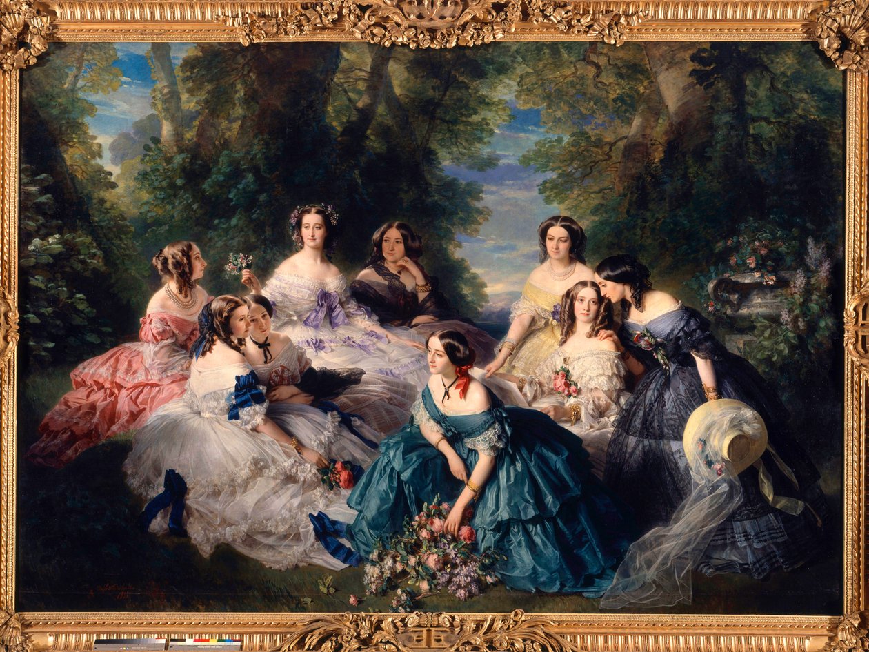 Impress Eugenie (1826-1920) w 1855 roku otoczył damy honoru pałacu. Od lewej do prawej: Księżniczka Essling, Wielka Maitress; baronowa kamieni, wicehrabina Lezay-Marnezia (Lezay Marnezia); Markiza Montebello (panna de Villeneuve). Do autorstwa Franz Xaver Winterhalter