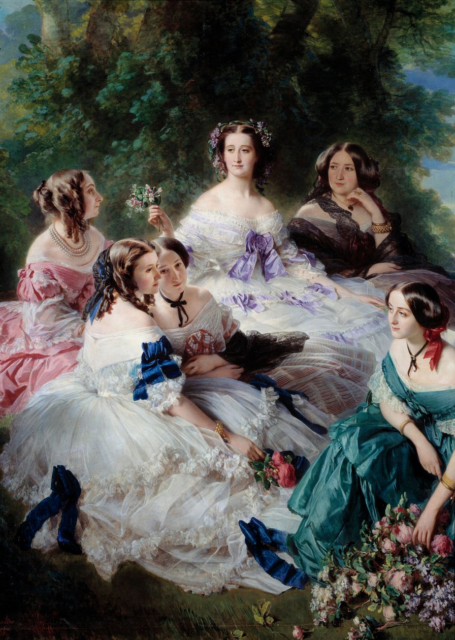 Impress Eugenie (1826-1920) z 1855 r. otacza damy honoru z Pałacu Detalów, reprezentujące księżniczkę Essling, baronową kamieni, wicehrabinę Lezay-Marnezję, cesarza na szczycie w bieli i markizę Montebello na ten autorstwa Franz Xaver Winterhalter