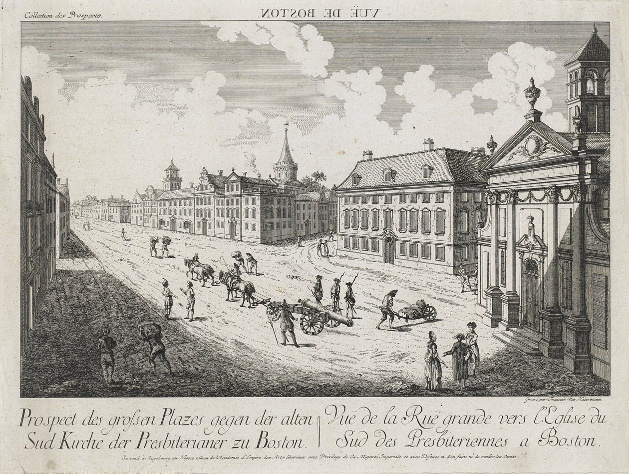 Vue d’Optique/Prospect des grossen Plazes gegen der Alten Sud Kirche der Presbiterianer zu Boston (Widok optyczny/widok na duże kwadraty w kierunku kościoła Old South Presbyterian Church w Bostonie), c. 1776 (akwaforta i grawer, bezbarwna na papierze wykła autorstwa Franz Xavier Habermann