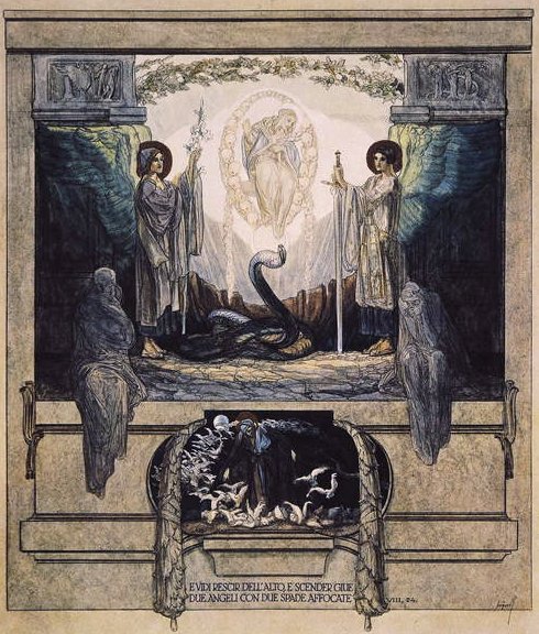 Ilustracja z Boskiej komedii Dantego, Czyściec, Canto VIII: 24, 1921 (wc na papierze) autorstwa Franz von Bayros