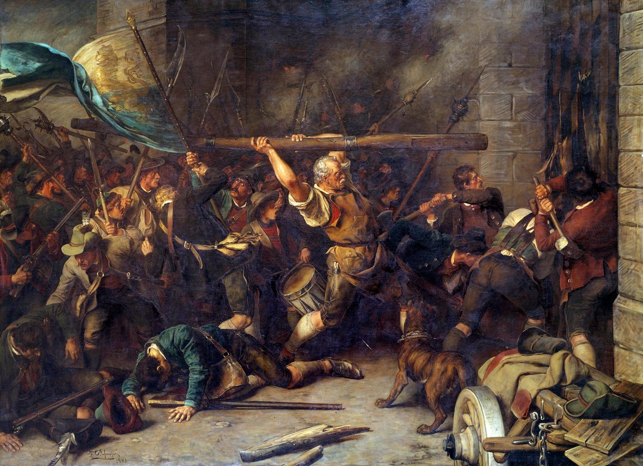 Bunt chłopów w 1850 r. Szturm czerwonej bariery” Obraz Franza Defreggera (1835-1921) autorstwa Franz von Defregger