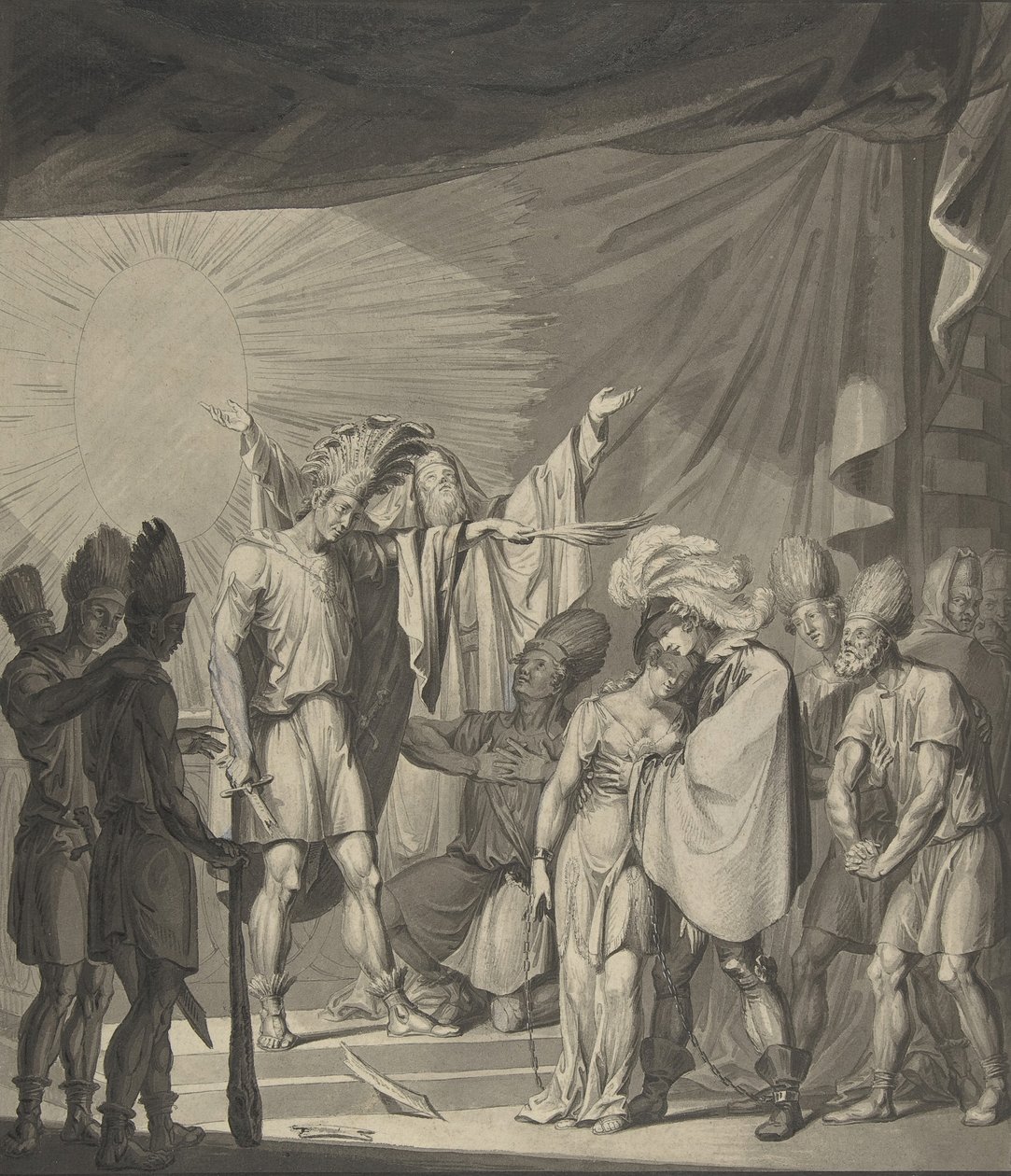 Król Słońca namaszczający związaną parę, z Die Sonnenjungfrau Augusta von Kotzebue, XIX w. autorstwa Franz von Hauslab