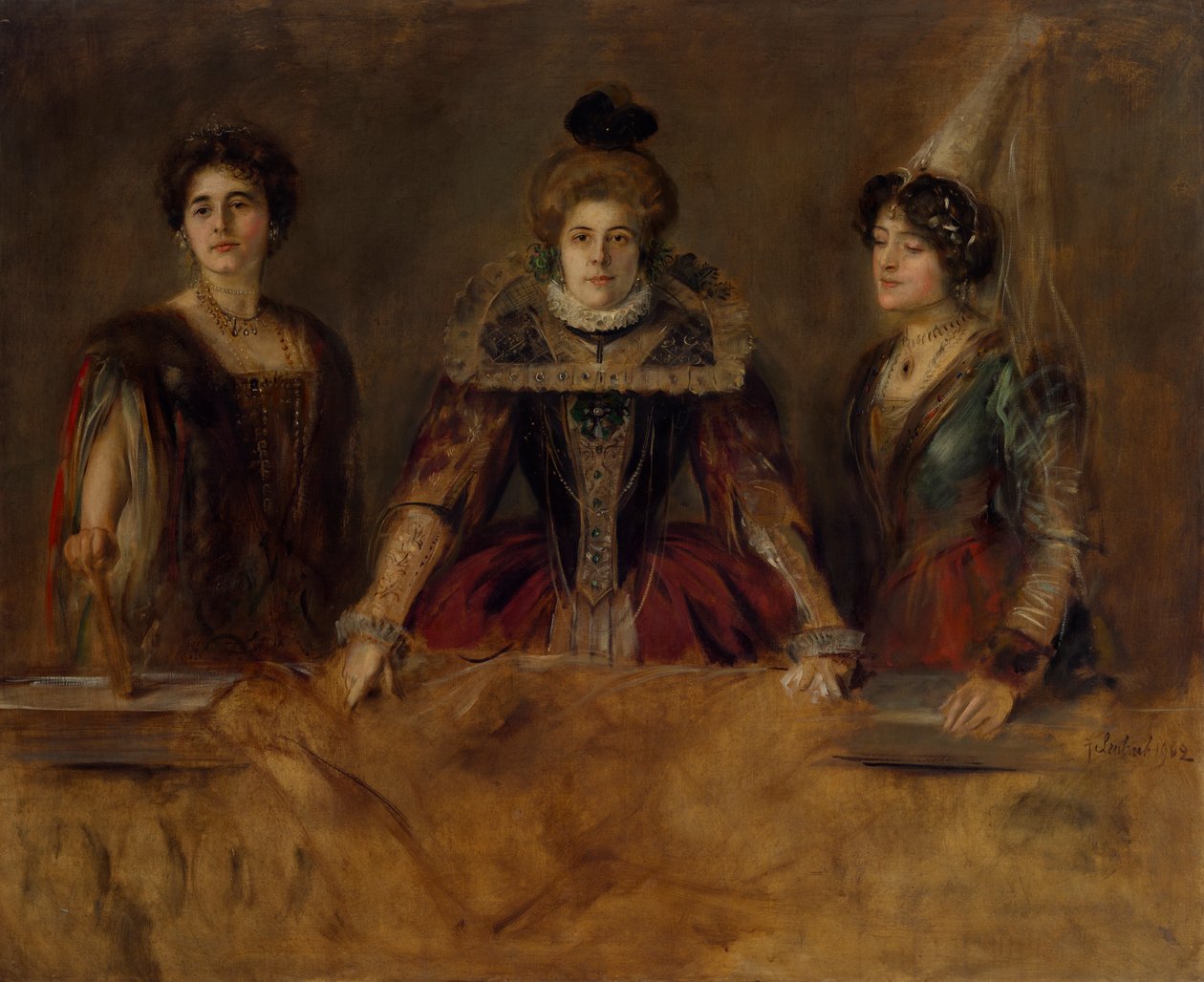 Portret grupowy: trzy panie w kostiumach (panna Heuberger, pani Obermayer i pani Putz) autorstwa Franz von Lenbach