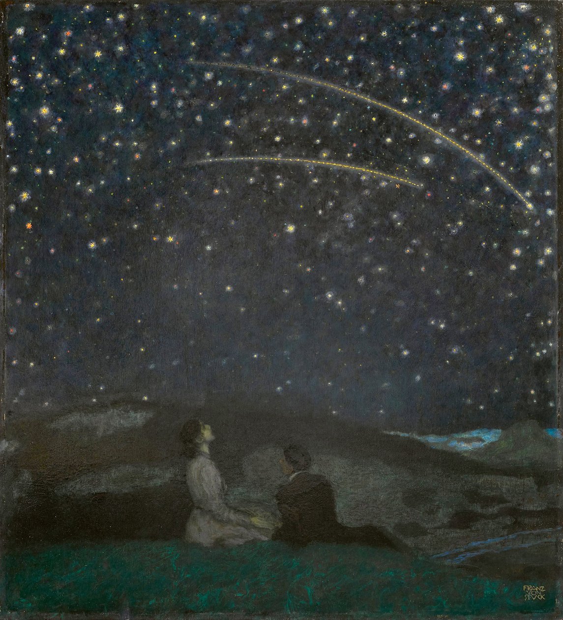 Les etoiles filantes (Franz et Mary von Stuck) - Spadające gwiazdy (Franz i Mary Stuck), autor: Stuck, Franz, Ritter von (1863-1928). Olej na drewnie autorstwa Franz von Stuck