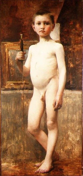 Nagi chłopiec z mieczem (olej na płótnie) autorstwa Franz von Stuck