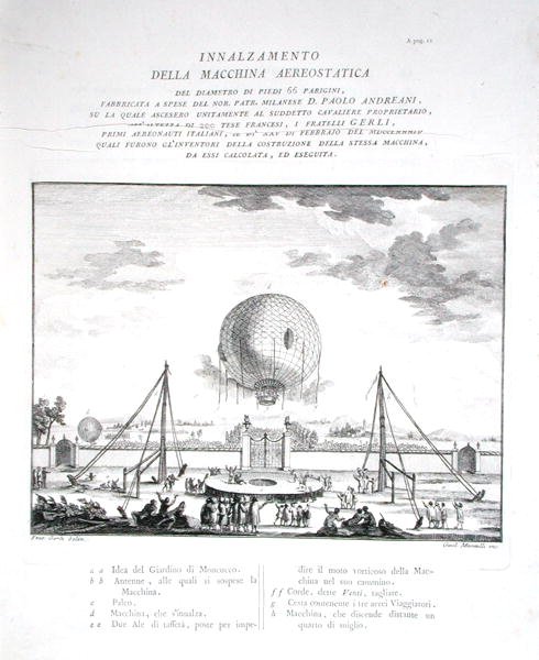 Pierwszy załogowy lot balonem na ogrzane powietrze we Włoszech wykonany przez Paolo Andreani (1763-1823) 1784, ryty przez Girolamo Mantelli, opublikowany 1785 (rycina) (patrz także 206819) autorstwa Fratelli Gerli (after)