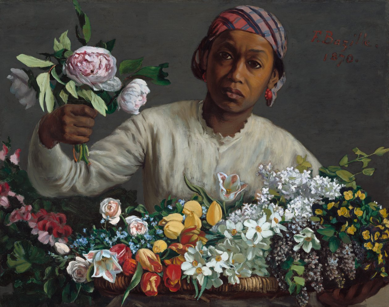 Młoda kobieta z piwoniami autorstwa Frédéric Bazille