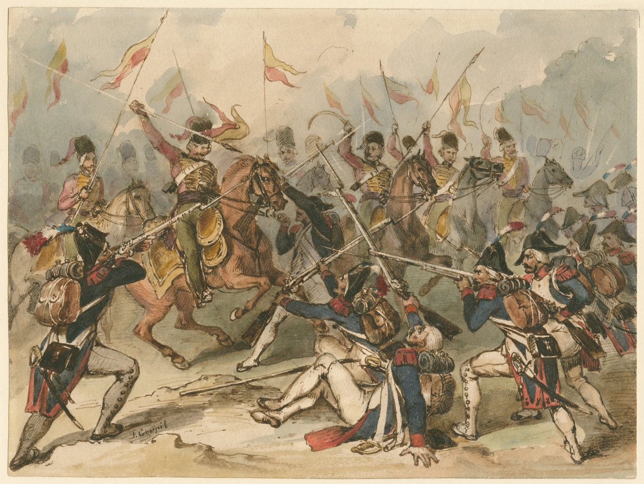 Piechota francuska i husaria w walce pod Austerlitz autorstwa Frédéric Goupil Fesquet
