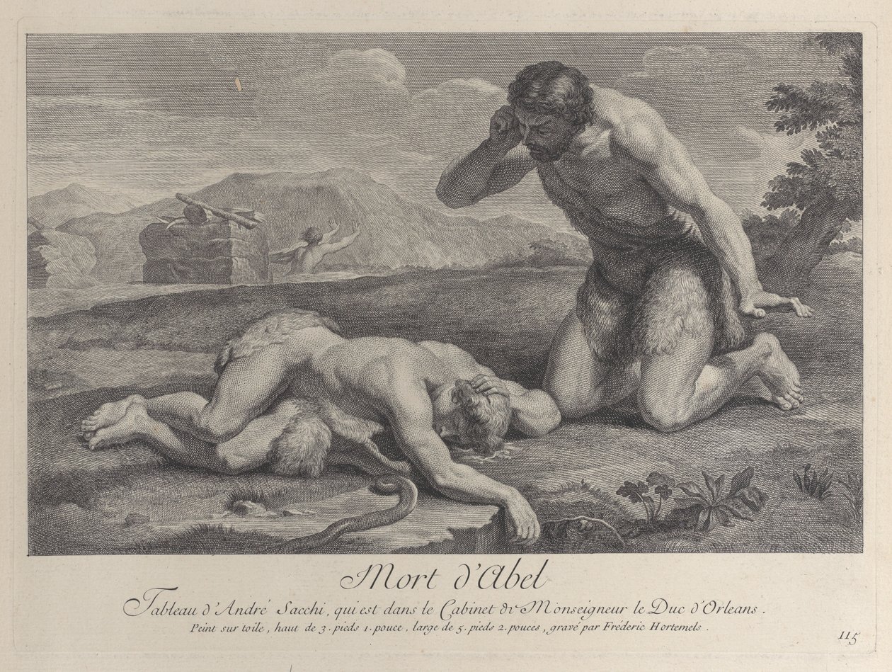 Adam klęka z żalu przy ciele Abla, a Kain ucieka w tle, ok. godz. ...,ok. 1729. autorstwa Frédéric Horthemels