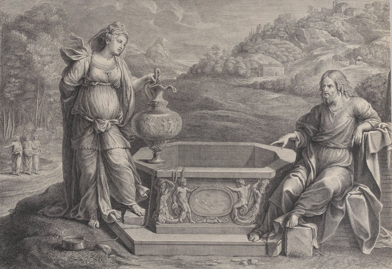 Chrystus siedzący po prawej i kobieta z Samarii, stojąca po lewej, ok. godz. 1729. autorstwa Frédéric Horthemels