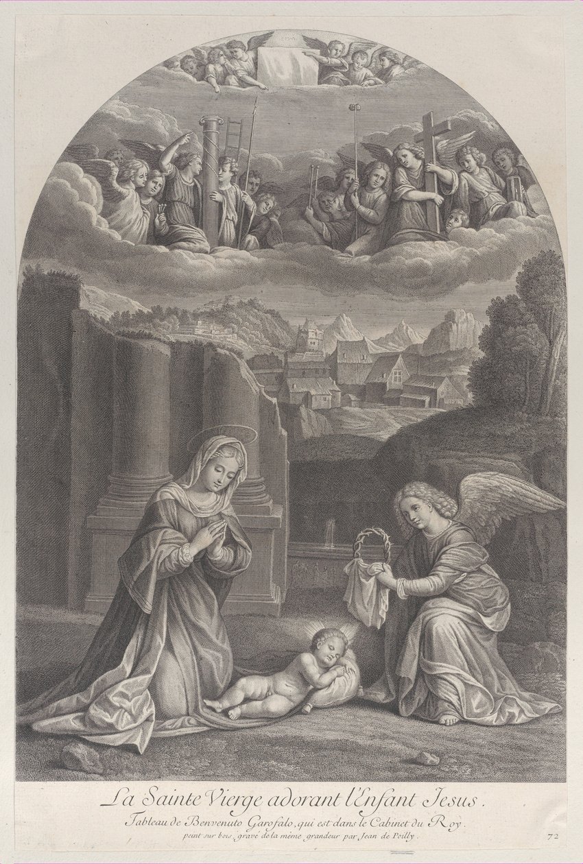Matka Boska adorująca Dzieciątko Jezus, anioł trzymający po prawej koronę cierniową,..., ok. godz. 1729. autorstwa Frédéric Horthemels