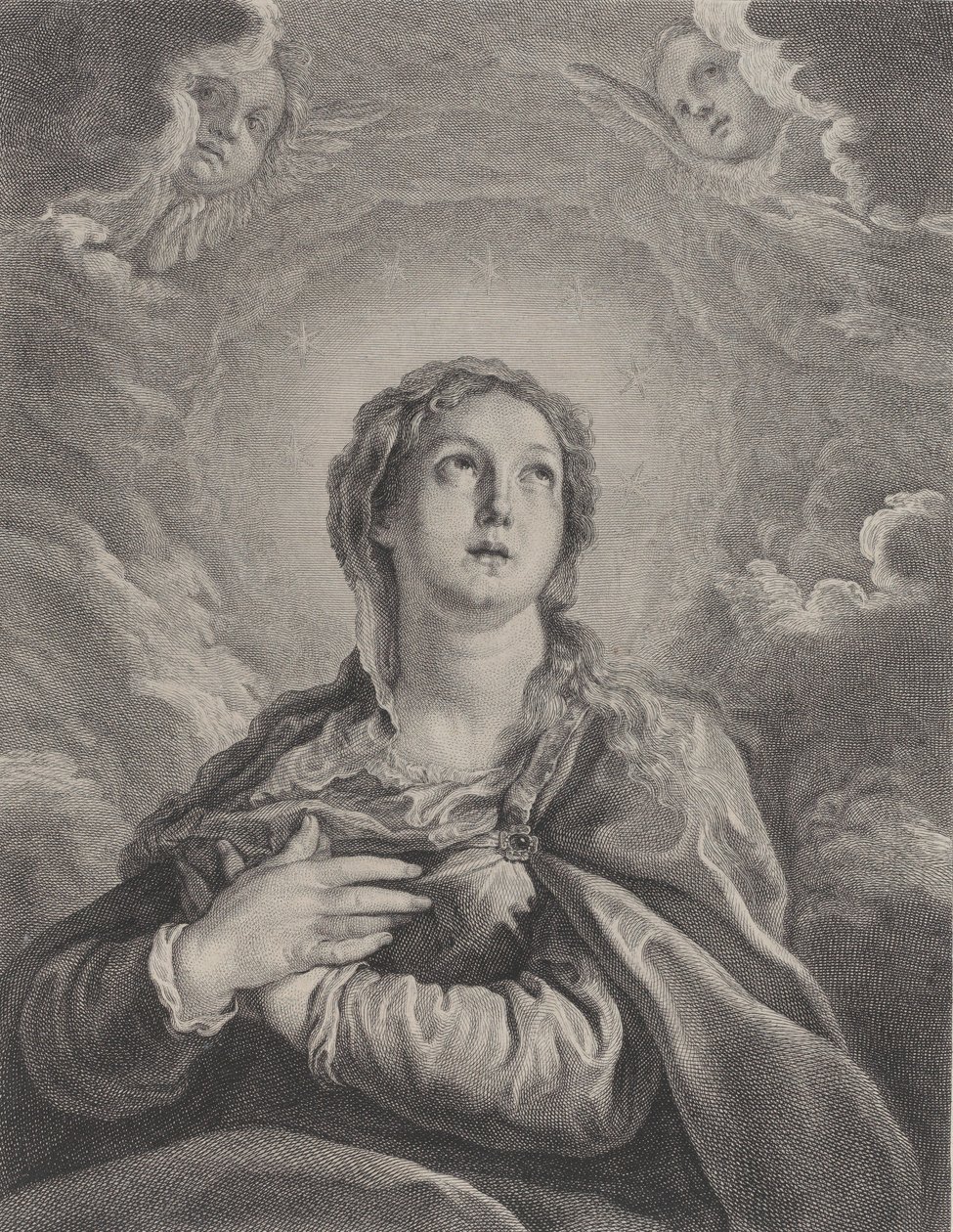 Dziewica, ręce złożone na piersi, patrząc w górę, 1729-40. autorstwa Frédéric Horthemels