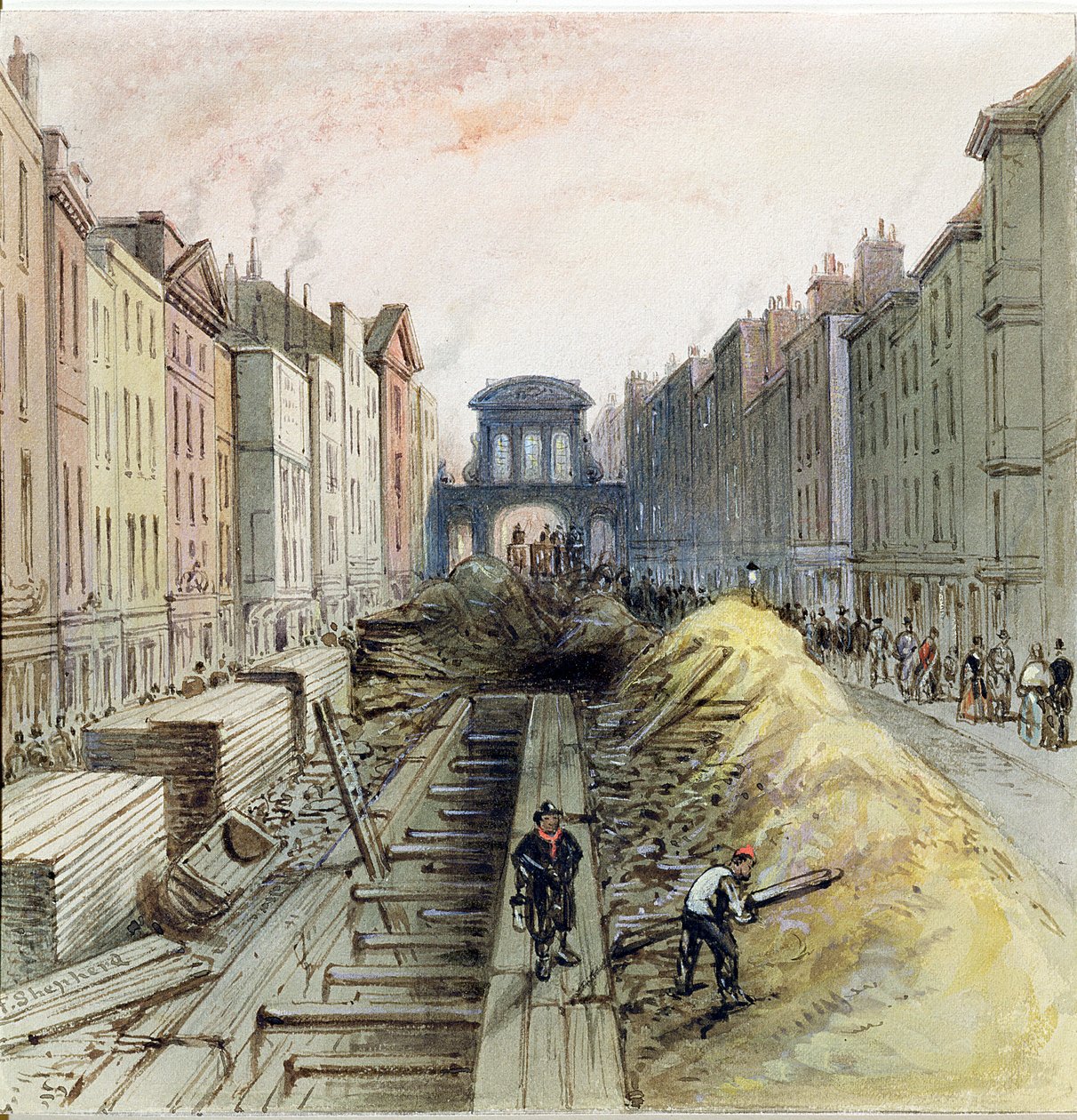 Fleet Street z budowanym nowym wspólnym kanałem, 1845 r. autorstwa Frederick Shepherd