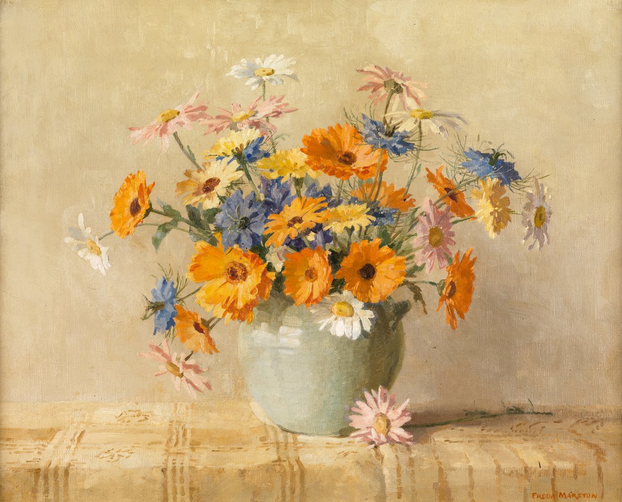 Love-in-a-Mist, Marigold, Oxeye Daisies (Olej na płótnie) autorstwa Freda Marston