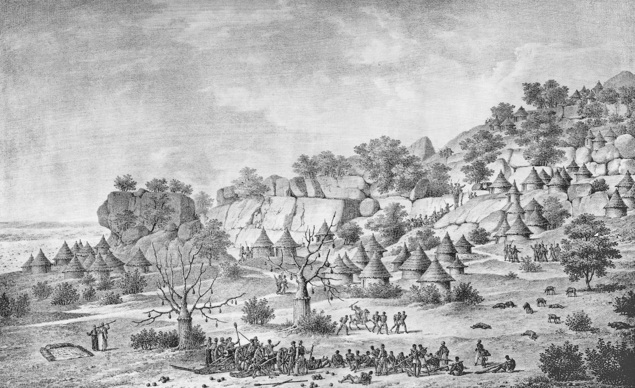 Widok wsi na północ od Agady w regionie Bertat, z „Voyage à Meroe: au rivière Blanc, za Fazoql na południu królestwa Snnar a Syouah”, opublikowany 1827 autorstwa Frederic Cailliaud