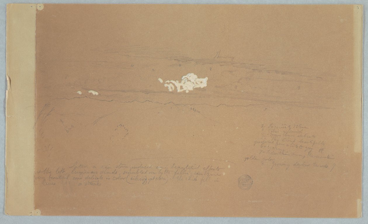 Rysunek, Zachmurzone niebo nad górskim krajobrazem, prawdopodobnie 1857 autorstwa Frederic Edwin Church