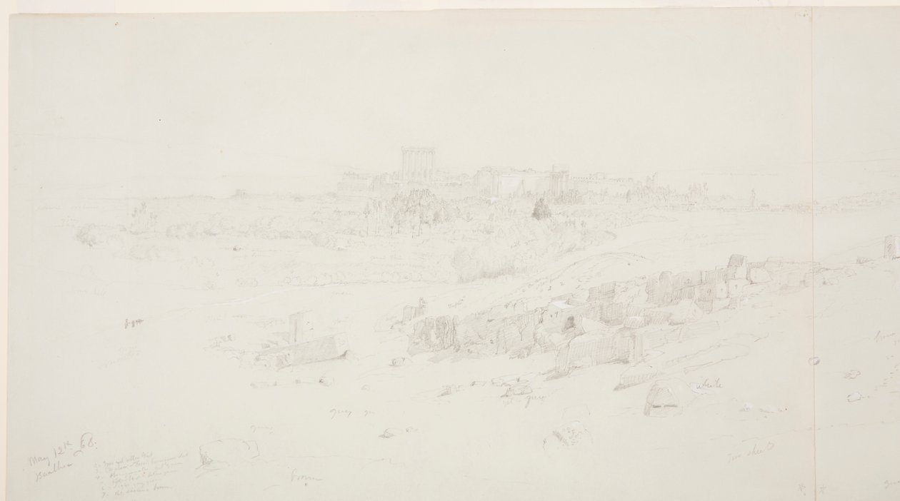 Rysunek, Świątynie o poranku, Baalbek, 12 maja 1868 r. autorstwa Frederic Edwin Church
