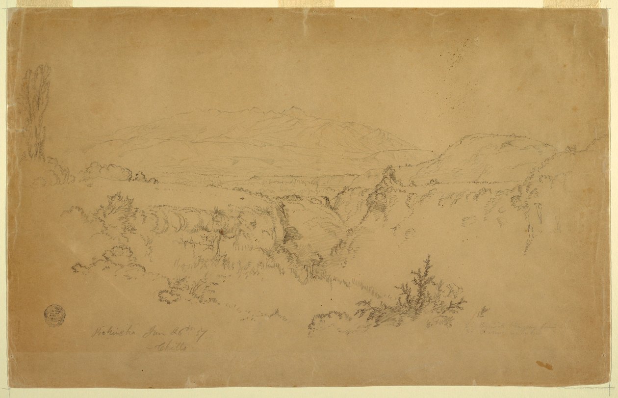 Rysunek, widok na górę Pichincha z Chillo, Ekwador, 26 czerwca 1857 r. autorstwa Frederic Edwin Church