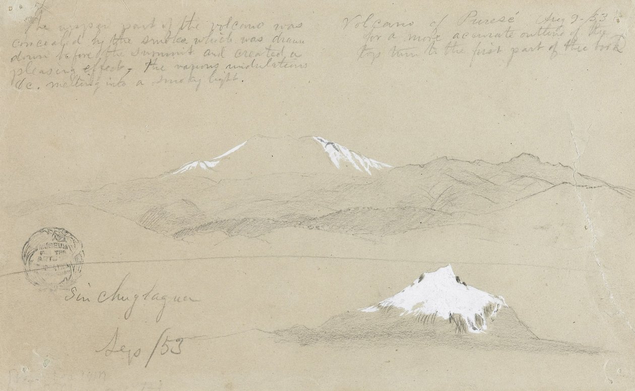 Widoki na wulkan Puresé w Kolumbii i górę Sincholagua w Ekwadorze autorstwa Frederic Edwin Church