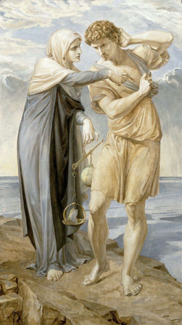 Człowiek wsłuchuje się w apel sumienia, 1910 autorstwa Frederic James Shields