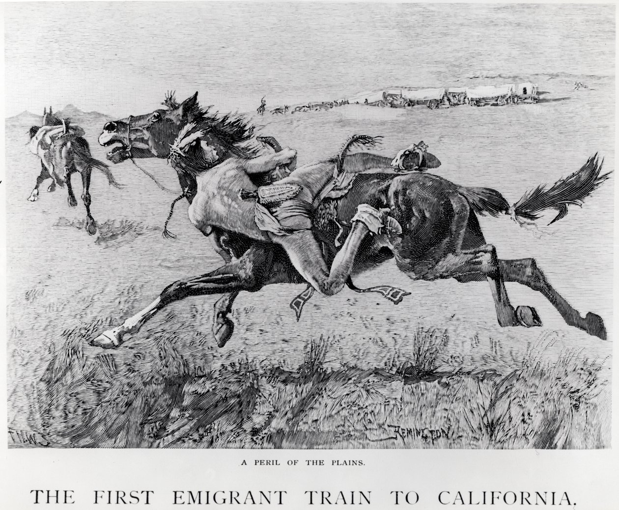 Lygumų pavojus, pirmasis emigrantų traukinys į Kaliforniją, išgraviruotas T.H.E. policija autorstwa Frederic Remington
